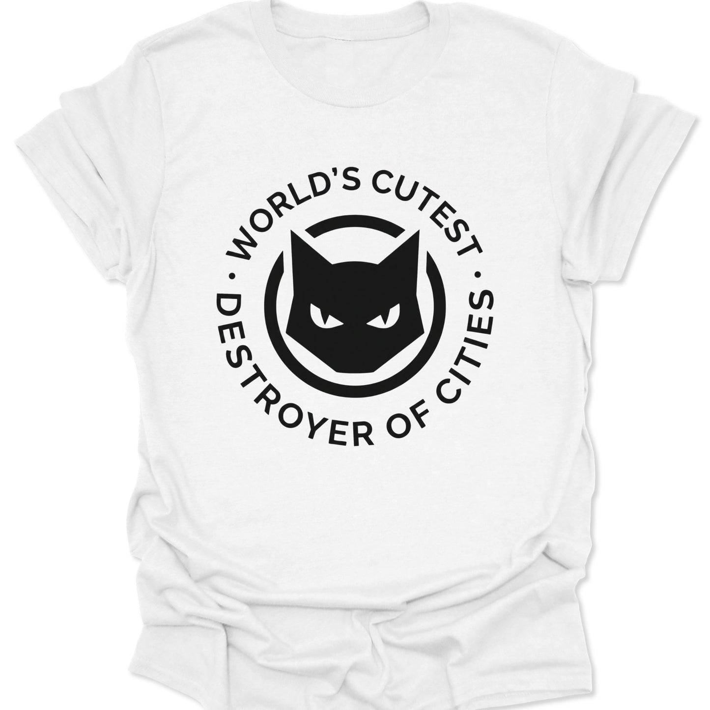 White unisex adult t-shirt featuring a black minimalist cat face and World’s Cutest Destroyer of Cities text seal.