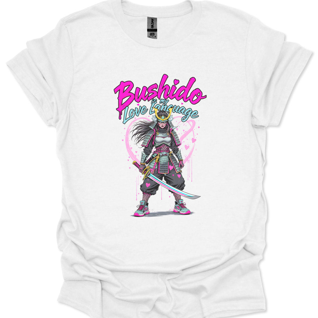 White t-shirt with a graphic of a samurai and 'Bushido Love Language' text on a white background