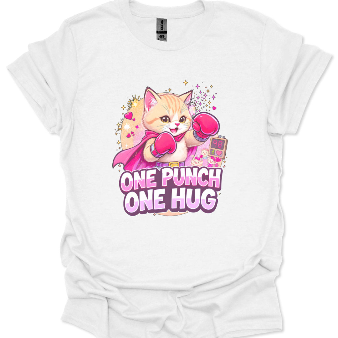 White t-shirt with a cartoon cat design and text 'One Punch One Hug' on a white background