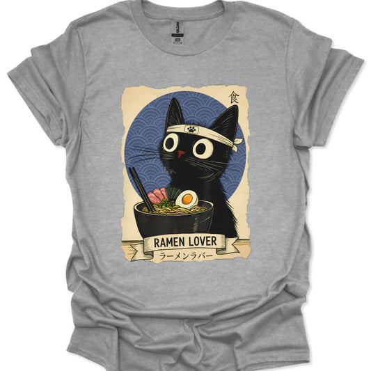 Japanese aesthetic black cat ramen bowl illustration tshirt