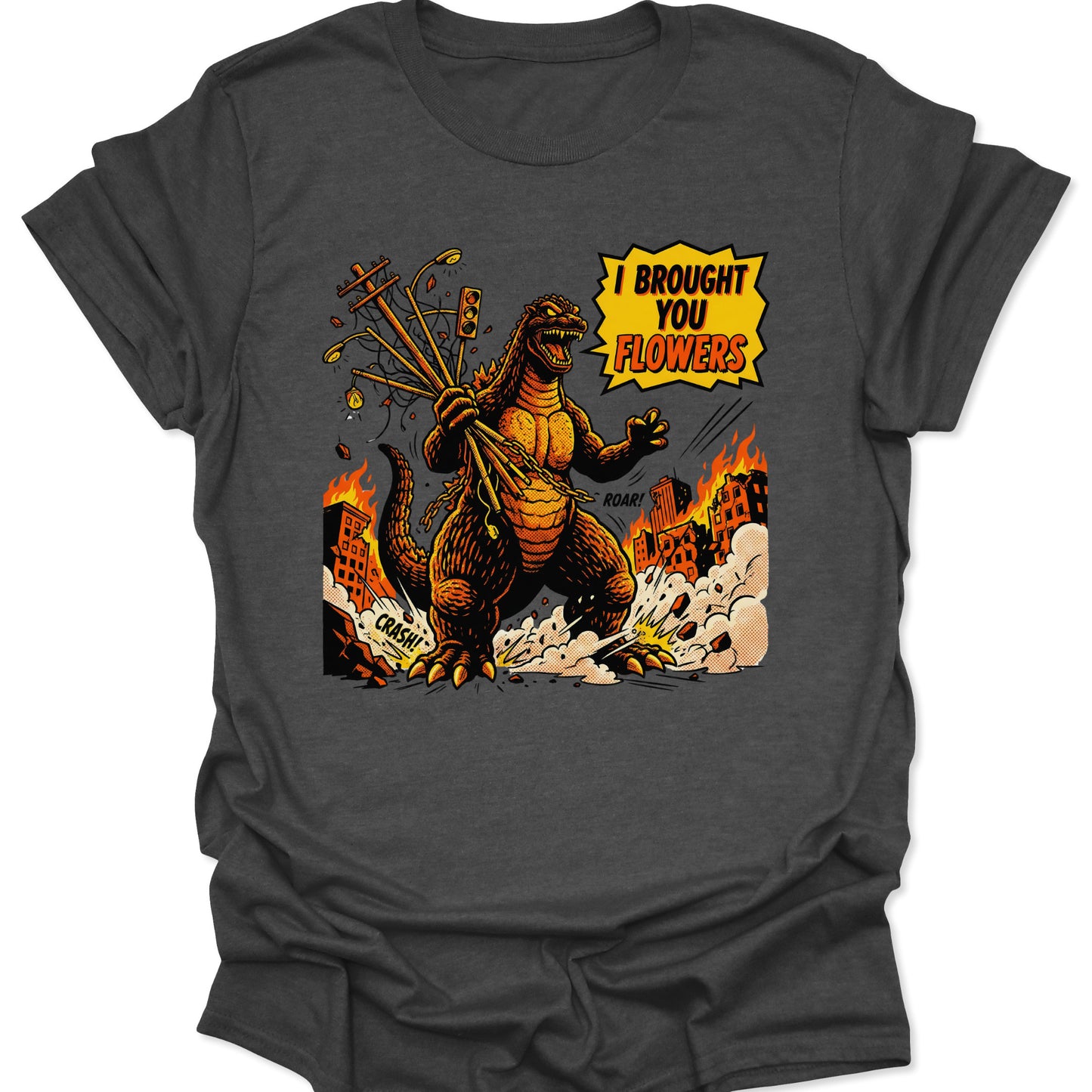 Dark Heather unisex adult t-shirt with a funny monster graphic saying I Brought You Flowers amidst city destruction.