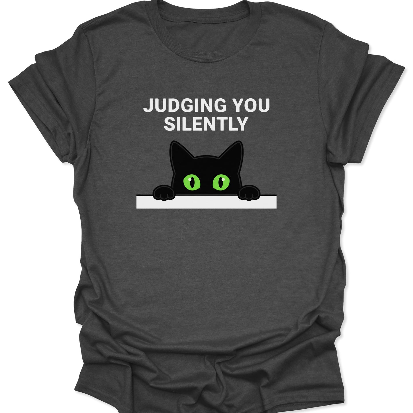 Dark Heather unisex adult t-shirt featuring a peeking black cat with green eyes and Judging You Silently text.