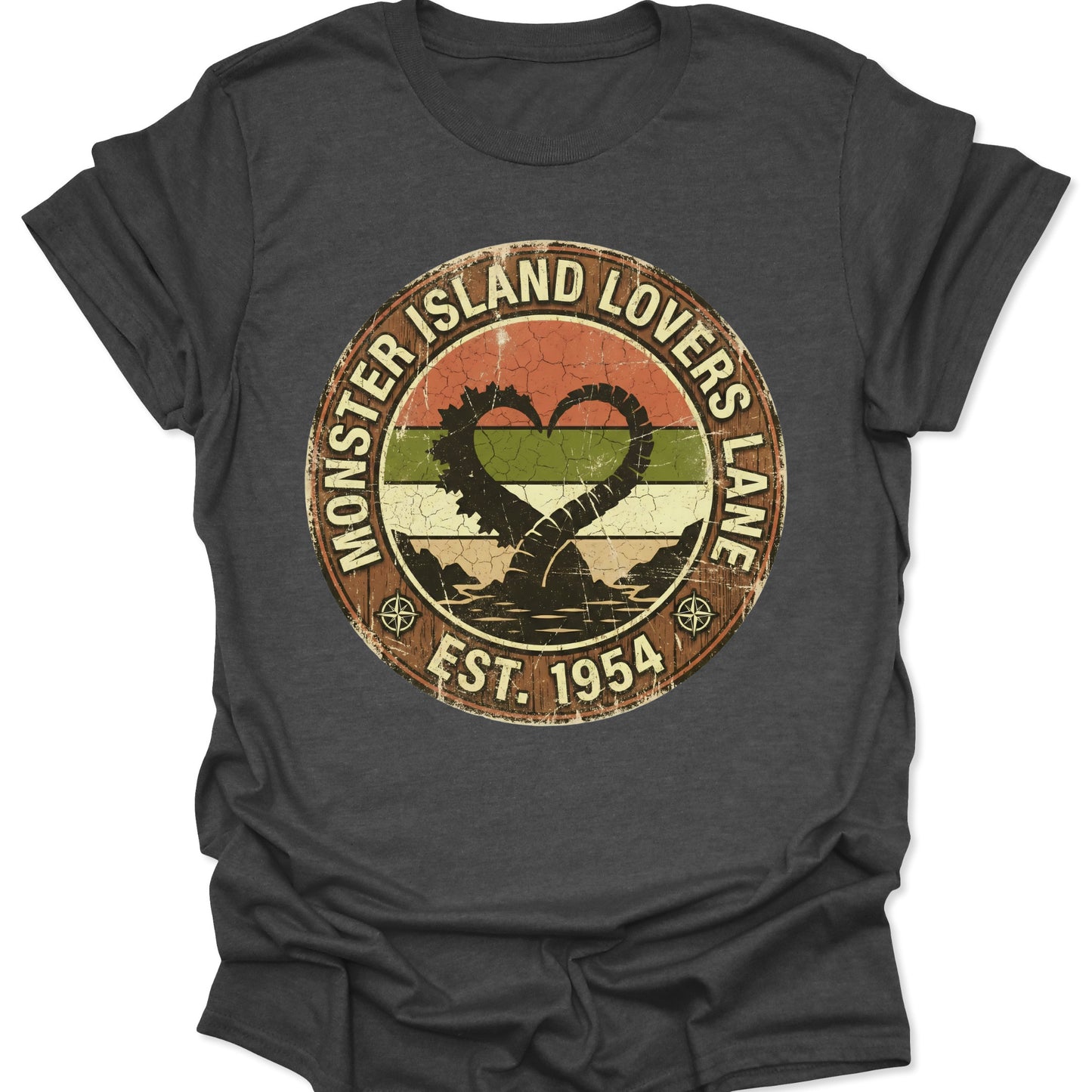 Dark Heather unisex adult t-shirt featuring vintage style Godzilla inspired heart graphic for Valentine's Day fans.