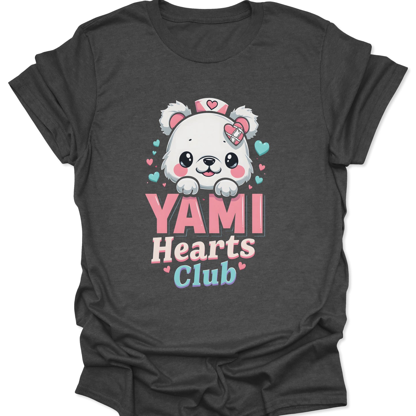 Dark Heather charcoal cotton shirt featuring a Yami Kawaii nurse bear with medical heart icons in a chibi anime style, isolated on a neutral studio background.