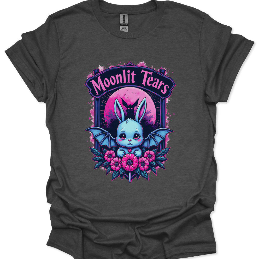 Gray t-shirt with a cute bat design and 'Moonlit Tears' text on a white background