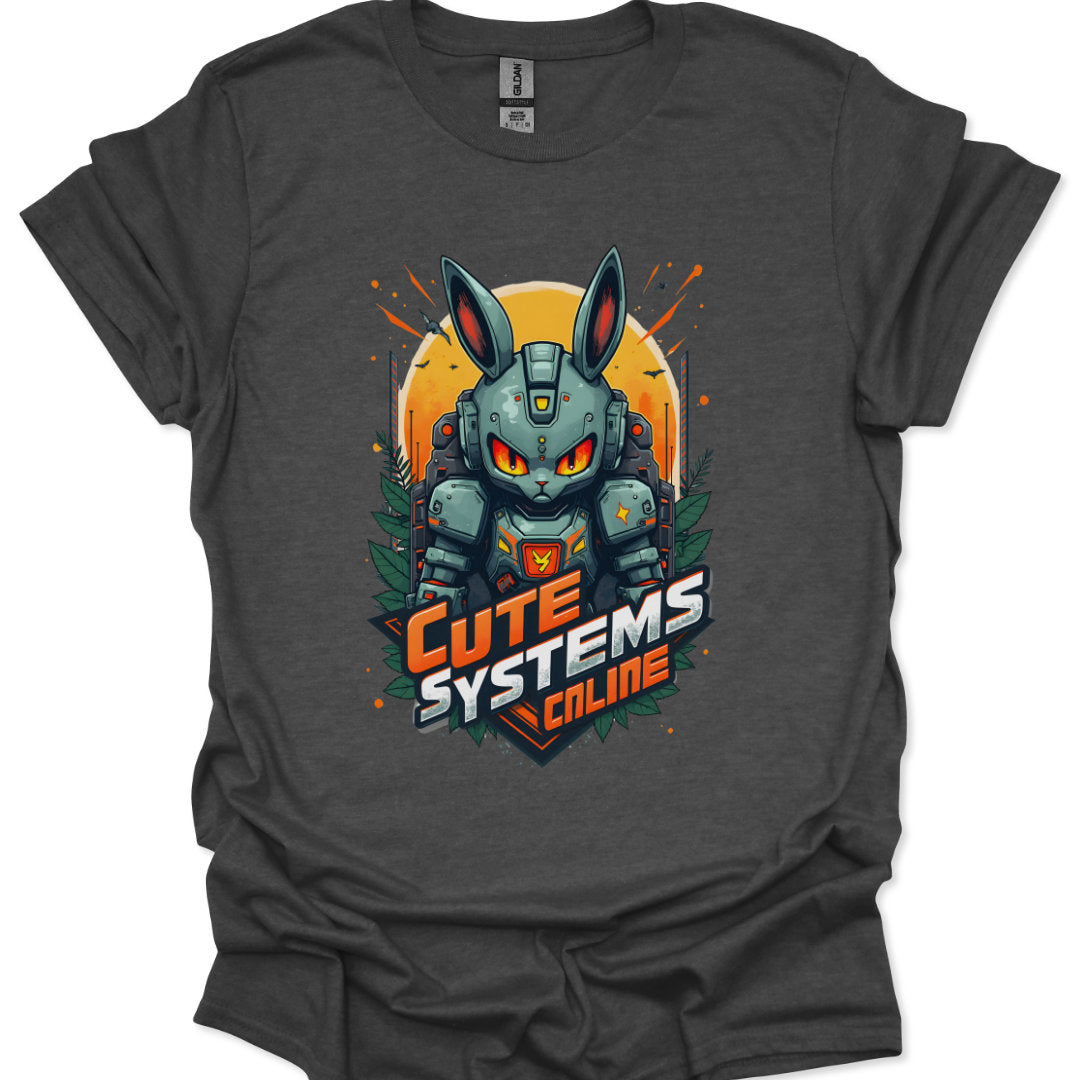 Gray t-shirt with a robot and 'Cute Systems Online' graphic on a white background