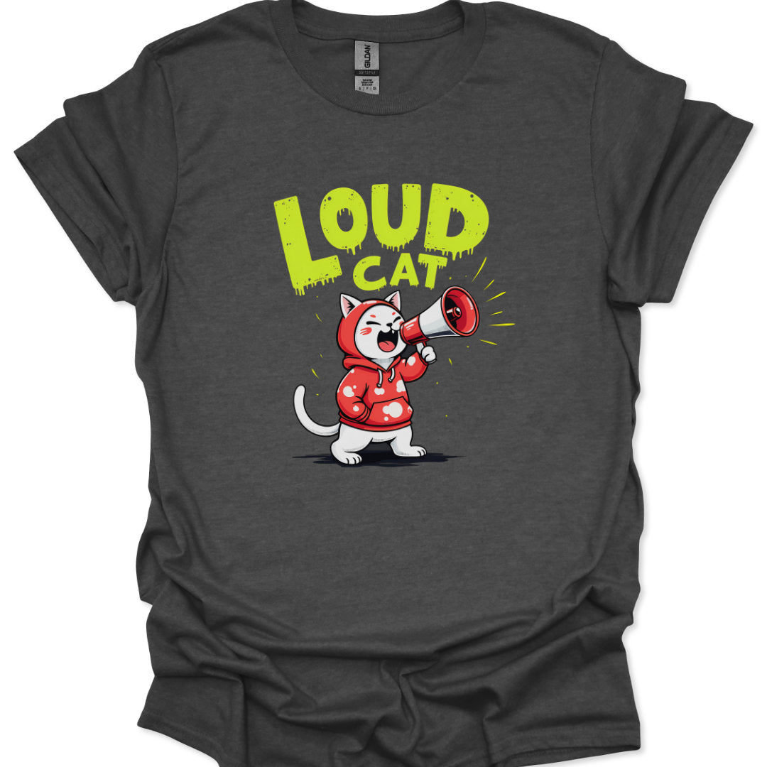 Gray t-shirt with a cartoon cat in a red raincoat holding a megaphone and the text 'LOUD CAT' on a white background.