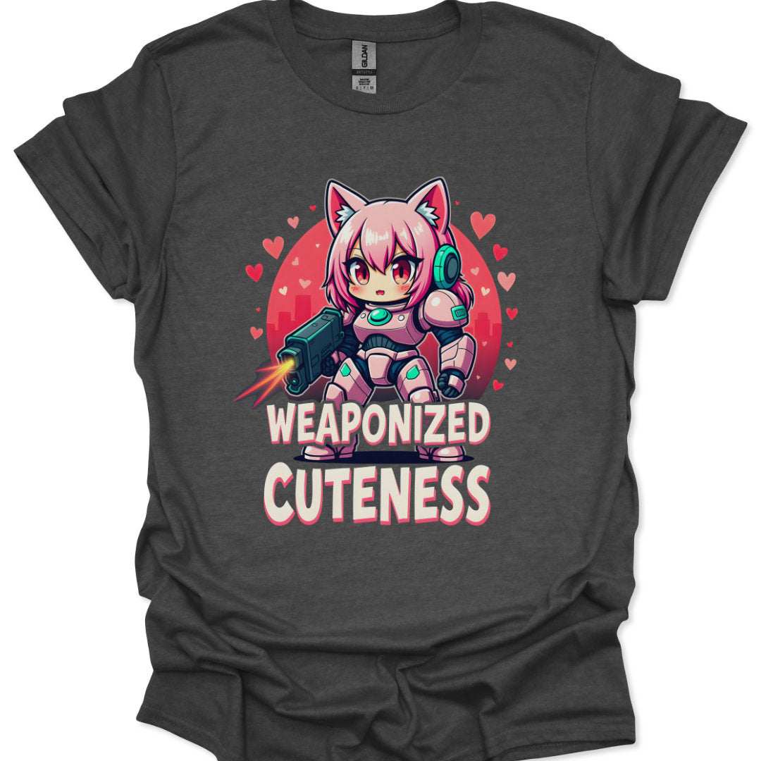 Dark gray t-shirt with a cartoon character and 'Weaponized Cuteness' text on a white background