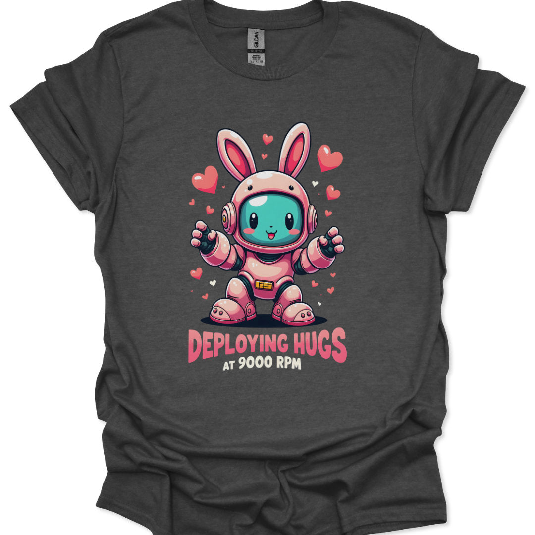 Gray t-shirt with a cartoon character in a space suit and text 'Deploying Hugs at 9000 RPM' on a white background