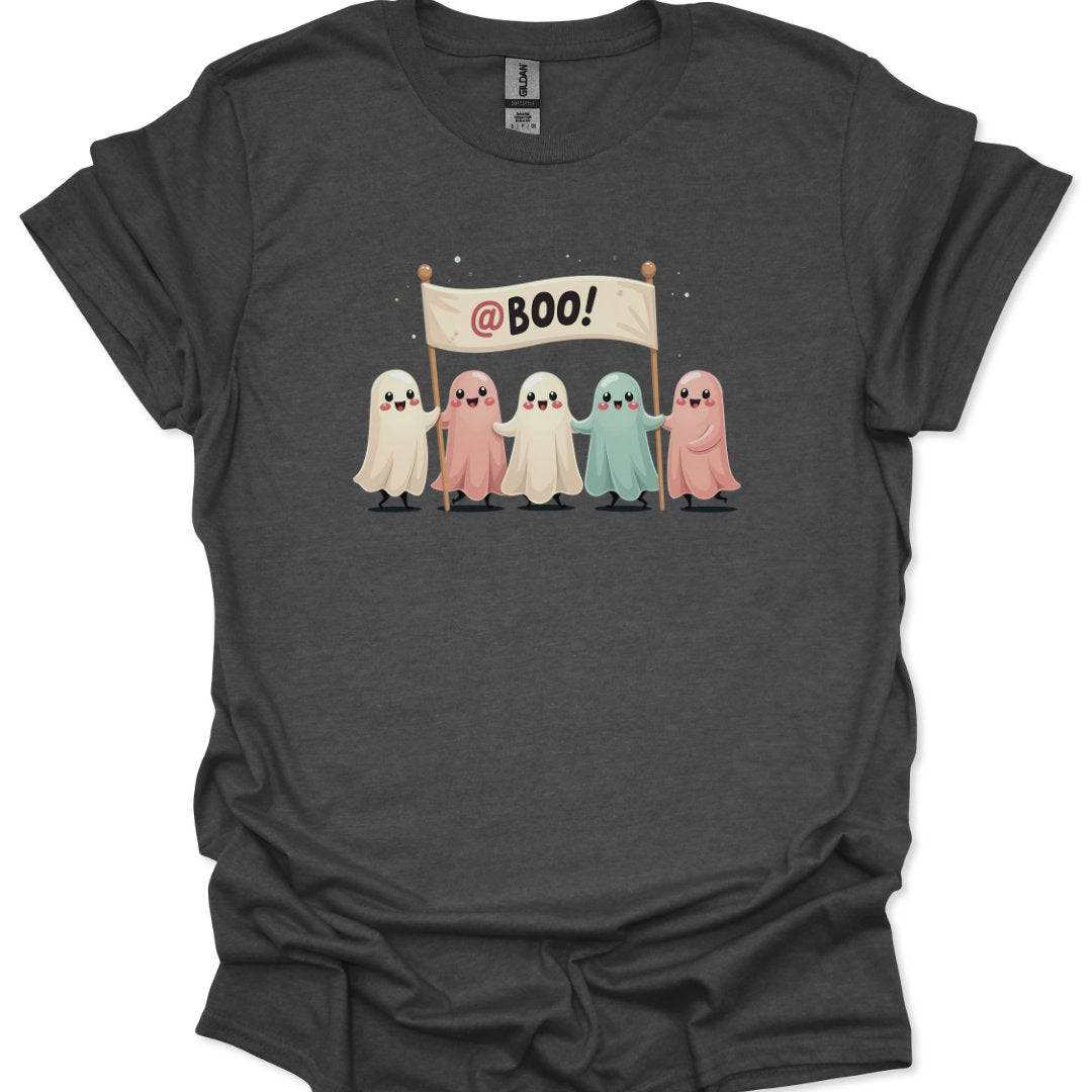 Dark gray t-shirt with cartoon ghosts holding a 'Boo!' banner.
