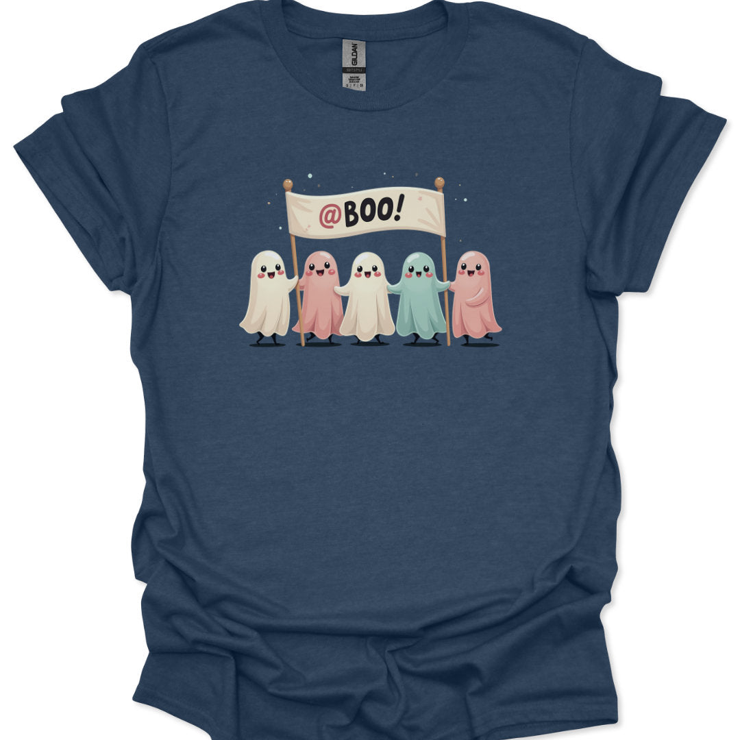 Navy blue t-shirt with cartoon ghosts holding a 'BOO!' banner on a white background