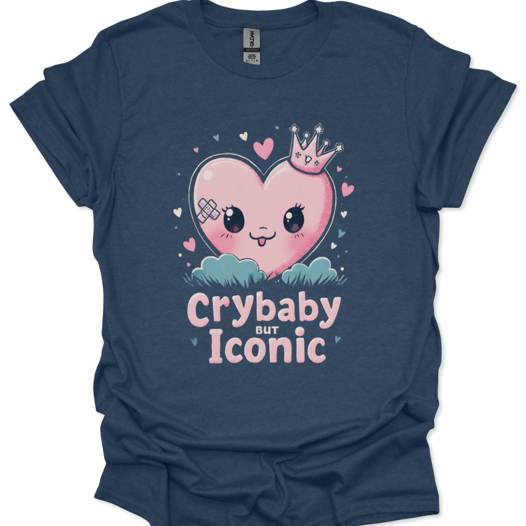 Navy blue t-shirt with a pink heart graphic and 'Crybaby but Iconic' text on a white background