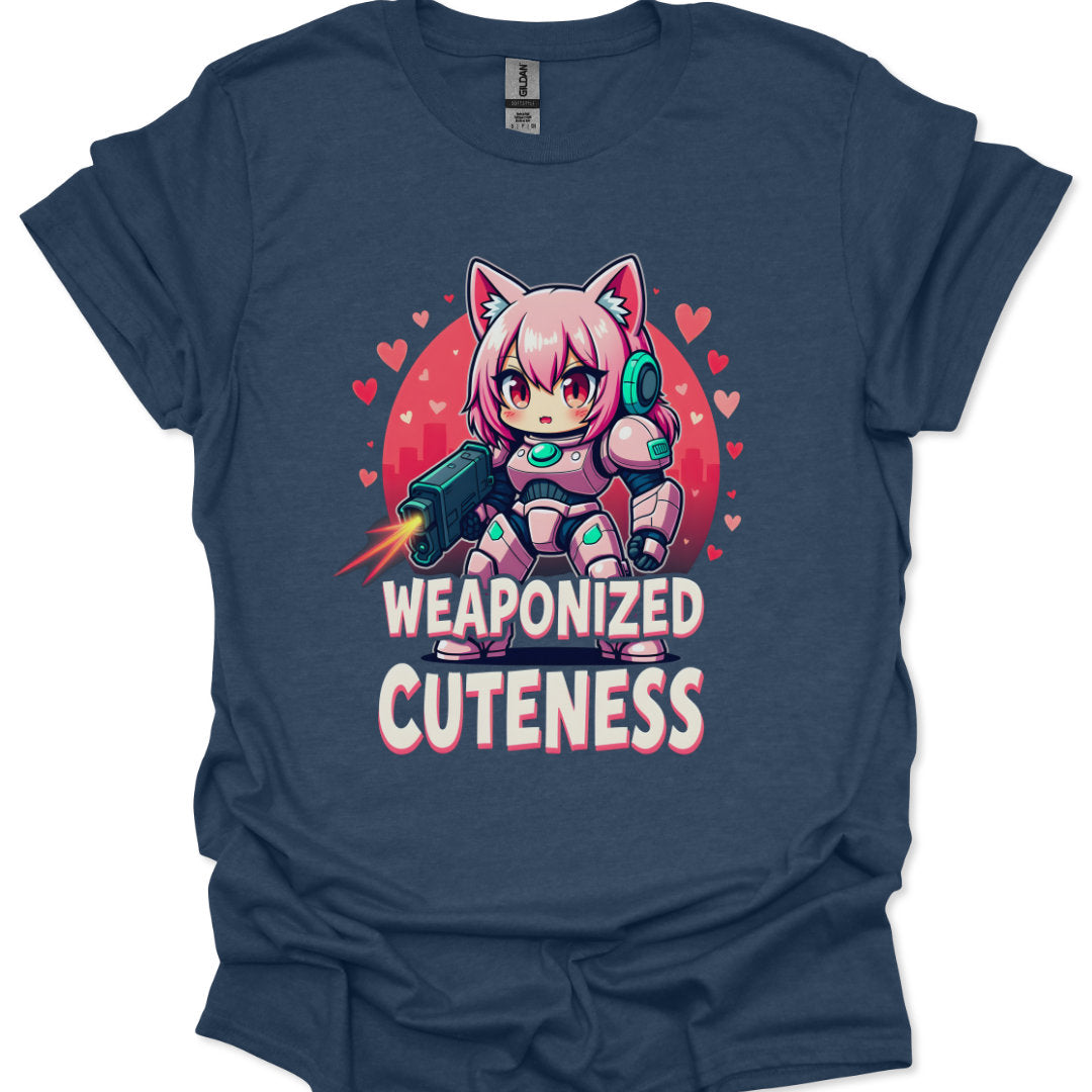 Navy blue t-shirt with a cartoon character and 'Weaponized Cuteness' text on a white background