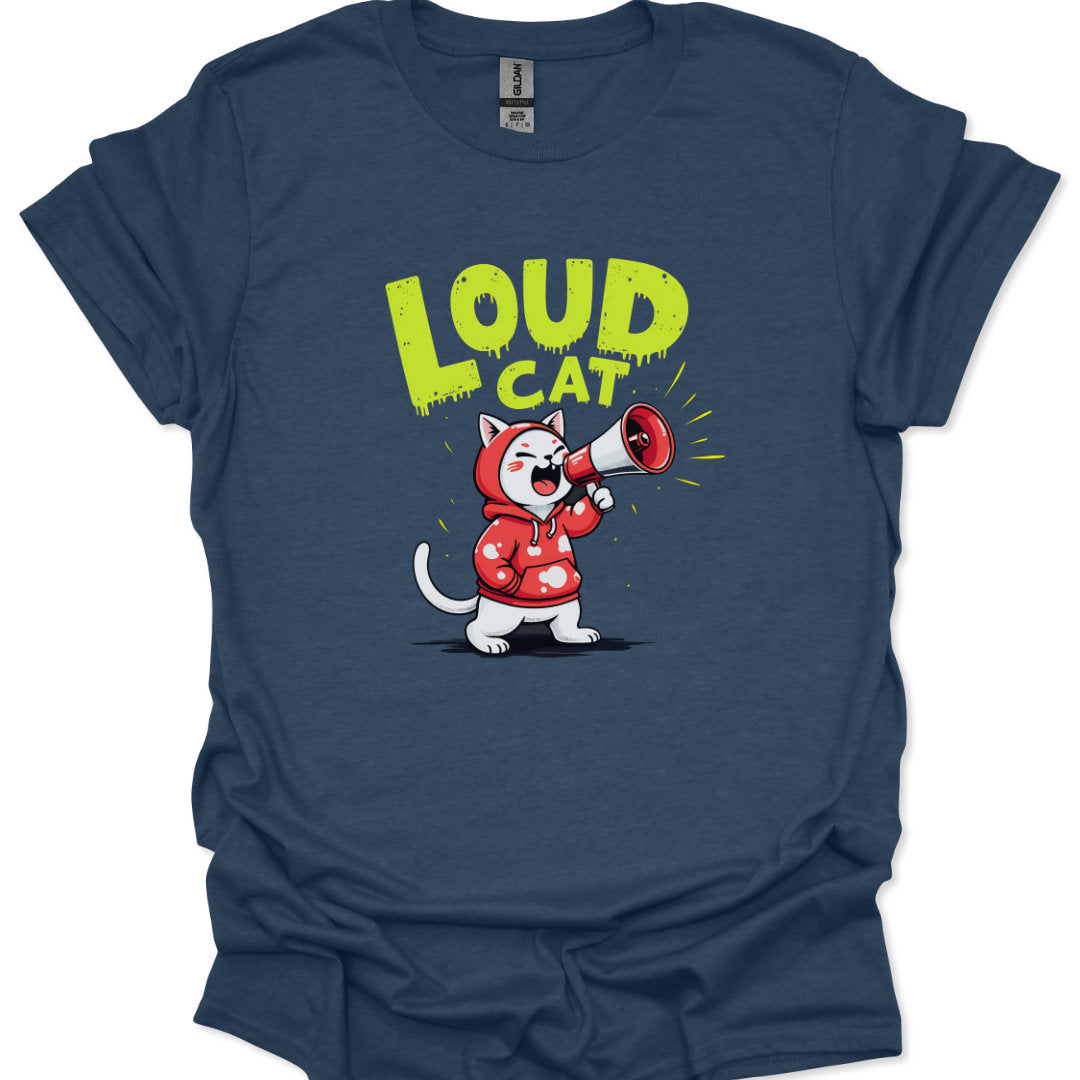 Blue t-shirt with a cartoon cat in a red raincoat holding a megaphone and the text 'LOUD CAT' on a white background.