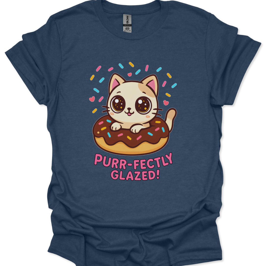 Navy blue t-shirt with a cat on a donut graphic and 'Purr-fectly Glazed!' text.