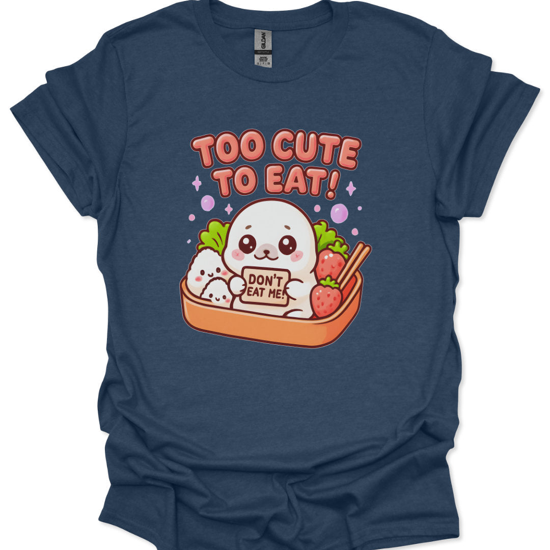 Navy blue t-shirt with a cartoon ghost and food items on a white background