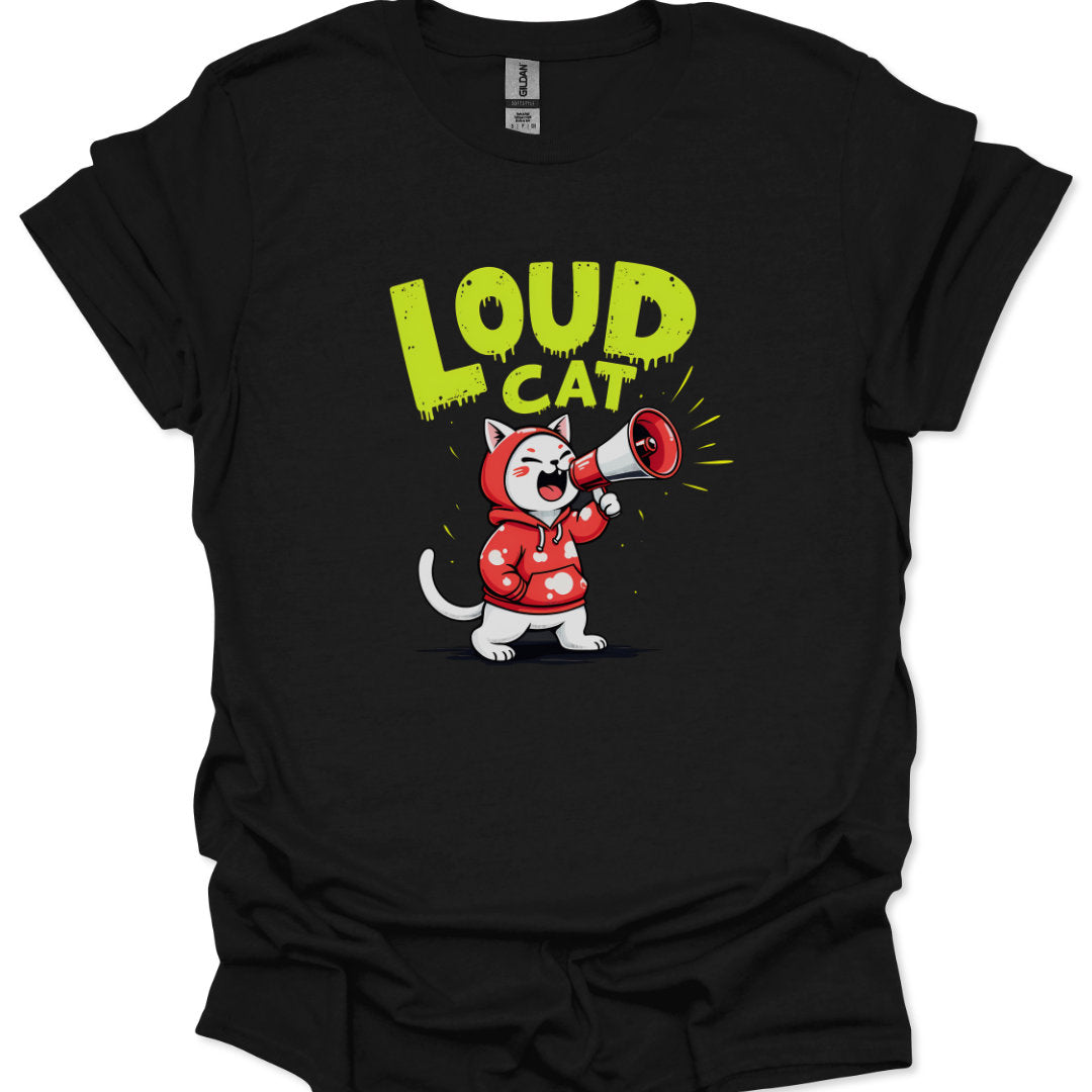 kawaii cat graphic t-shirt featuring a cute white cat in a red hoodie shouting through a megaphone with the slogan loud cat in bold lettering, harajuku street fashion style