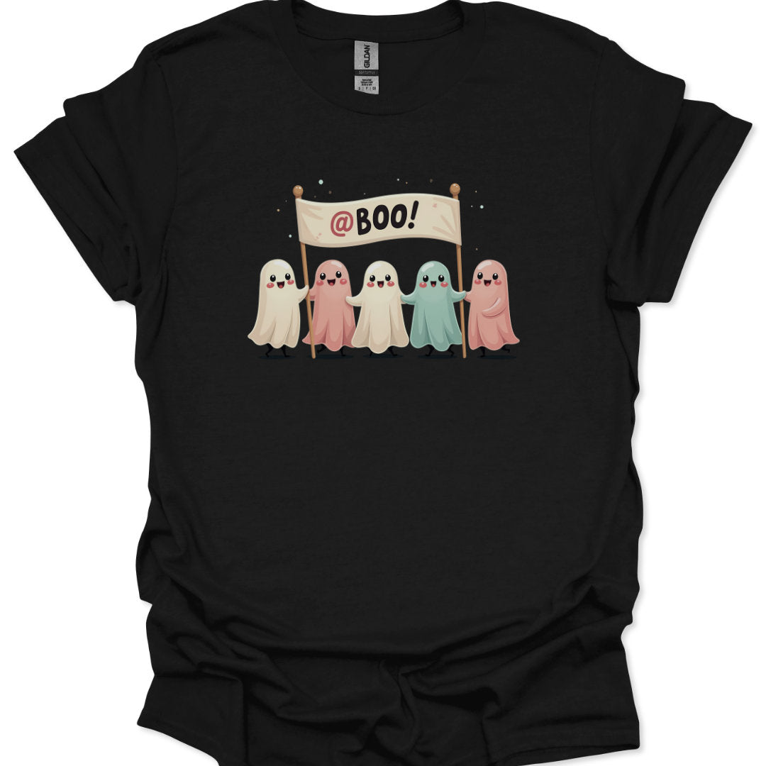 Black t-shirt with colorful ghosts holding a 'BOO!' banner on a white background