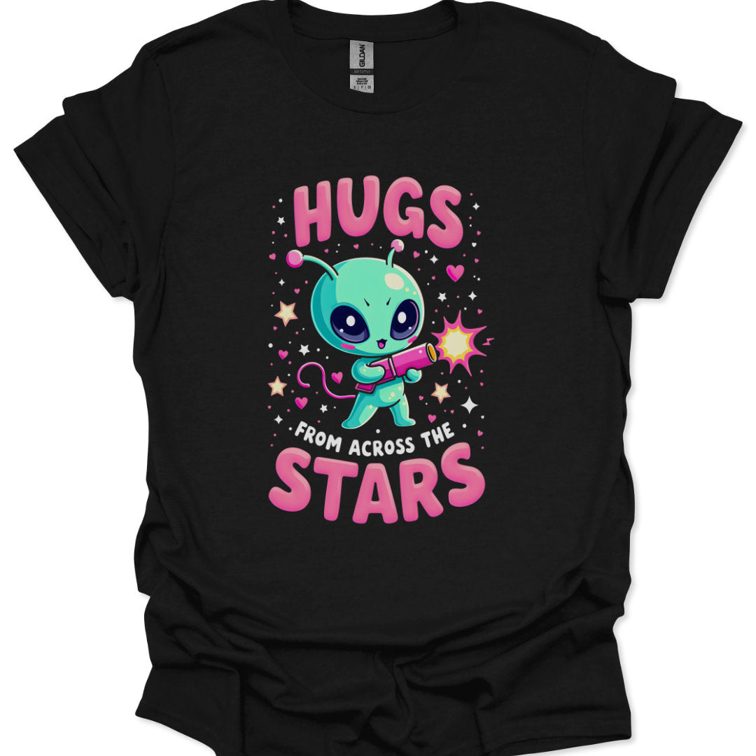 kawaii alien mascot with bubble lettering hugs from across the stars