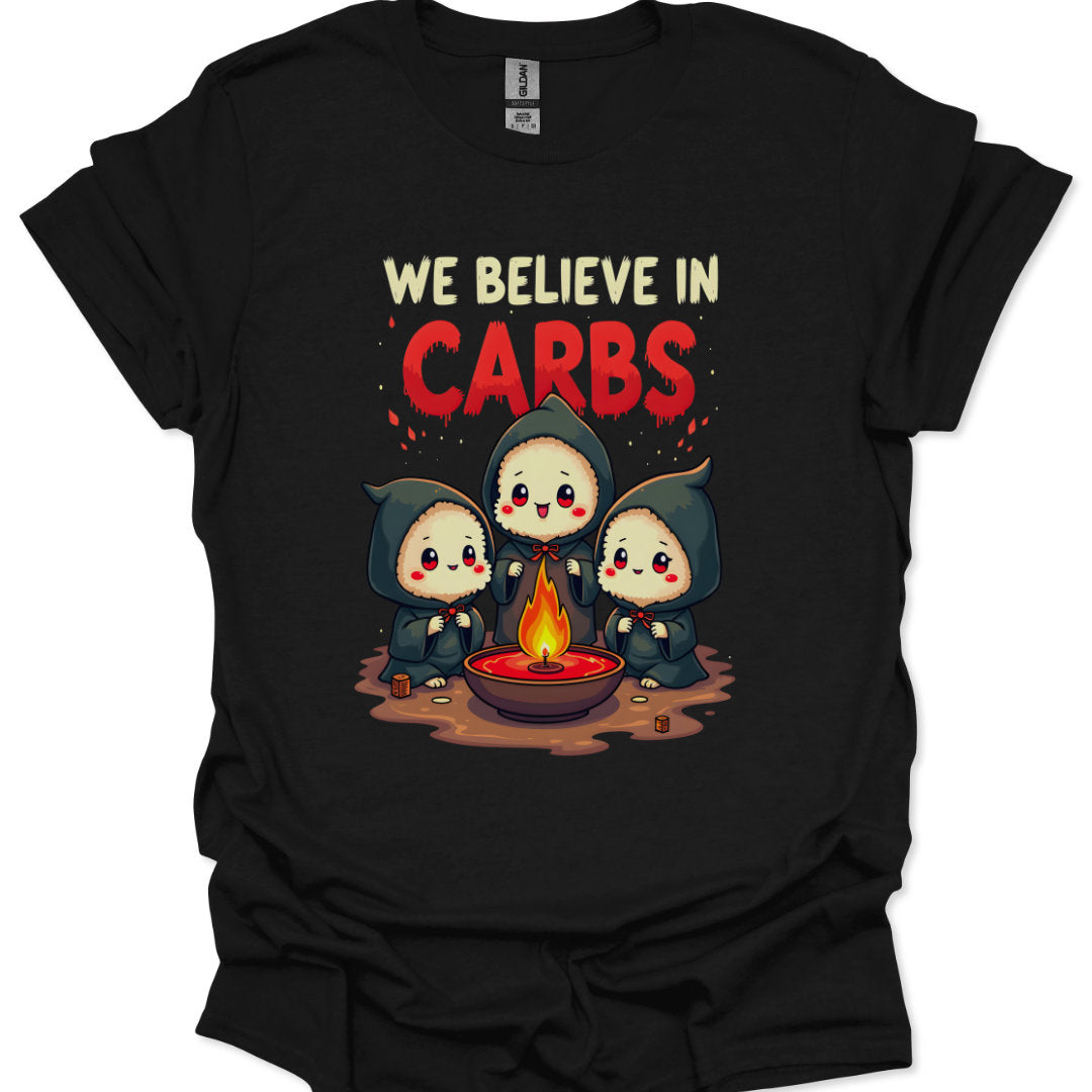 Black t-shirt with cartoon characters around a fire and 'We Believe in Carbs' text.