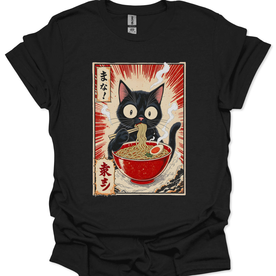 Black t-shirt with a graphic of a black cat eating ramen noodles on a white background