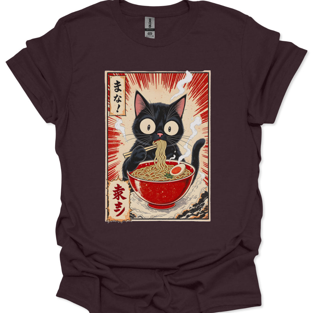 Brown t-shirt with a black cat eating ramen design on a white background