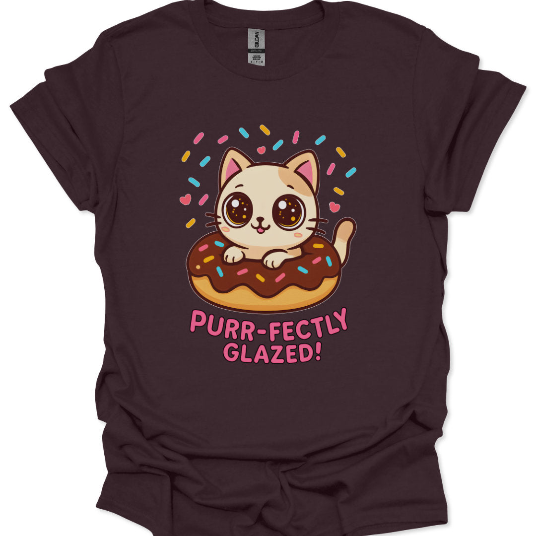 Maroon t-shirt with a cat on a donut graphic and 'Purr-fectly Glazed!' text.