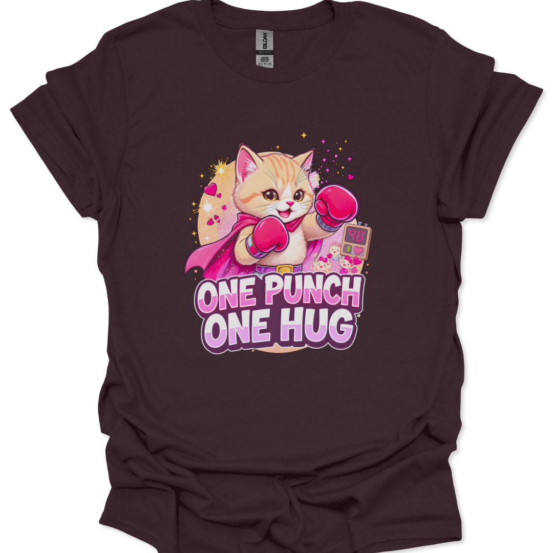 Brown t-shirt with a cartoon cat design and text 'One Punch One Hug' on a white background