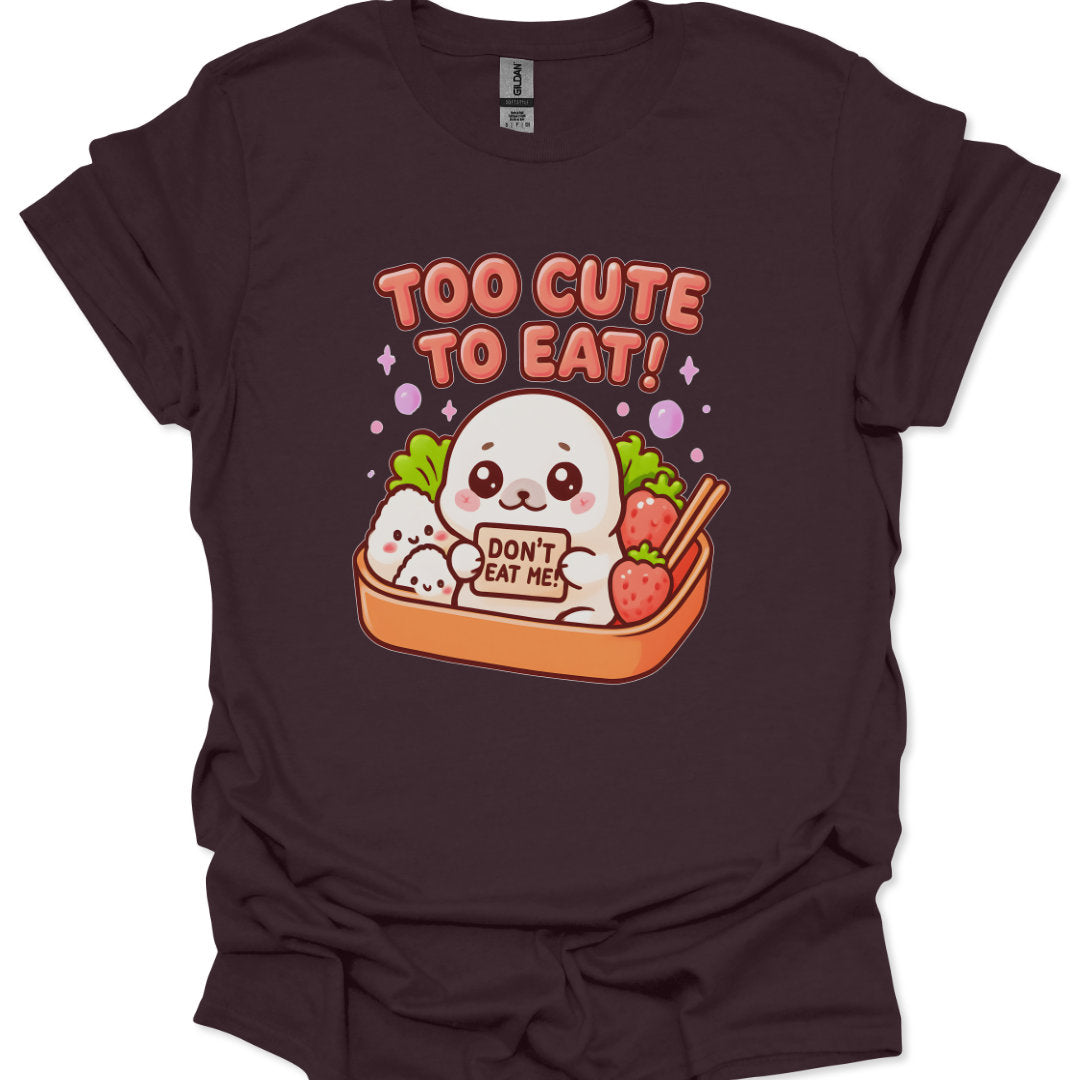Brown t-shirt with a cartoon ghost and food items on a white background