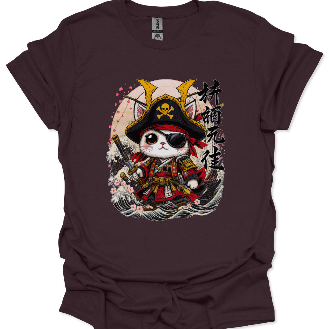 Brown t-shirt with a cat in pirate costume graphic on a white background