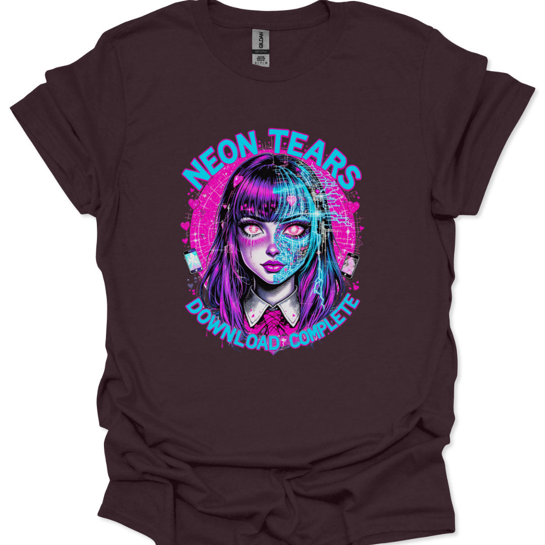 Brown t-shirt with a graphic design of a woman's face and 'Neon Tears' text on a white background