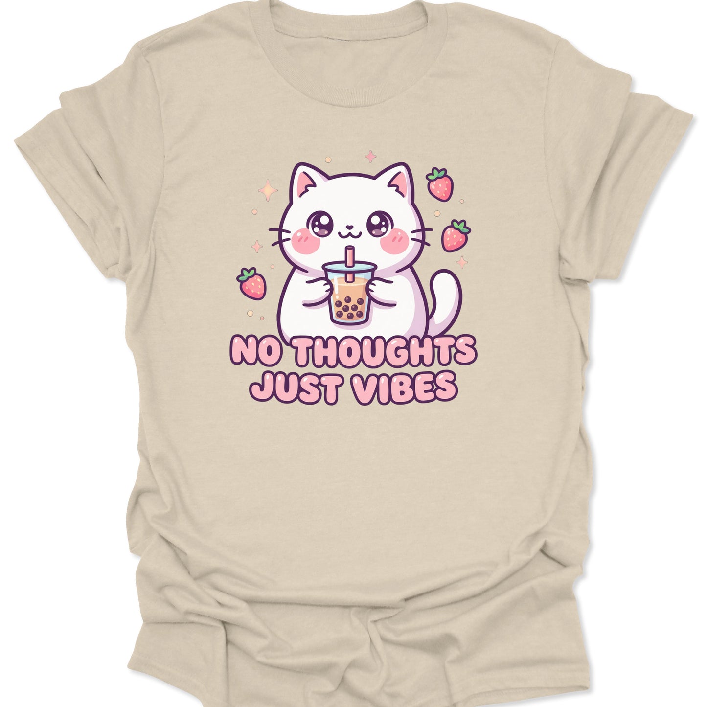 Natural unisex adult t-shirt featuring a white aesthetic cat drinking boba tea with sparkling stars and a funny meme quote.