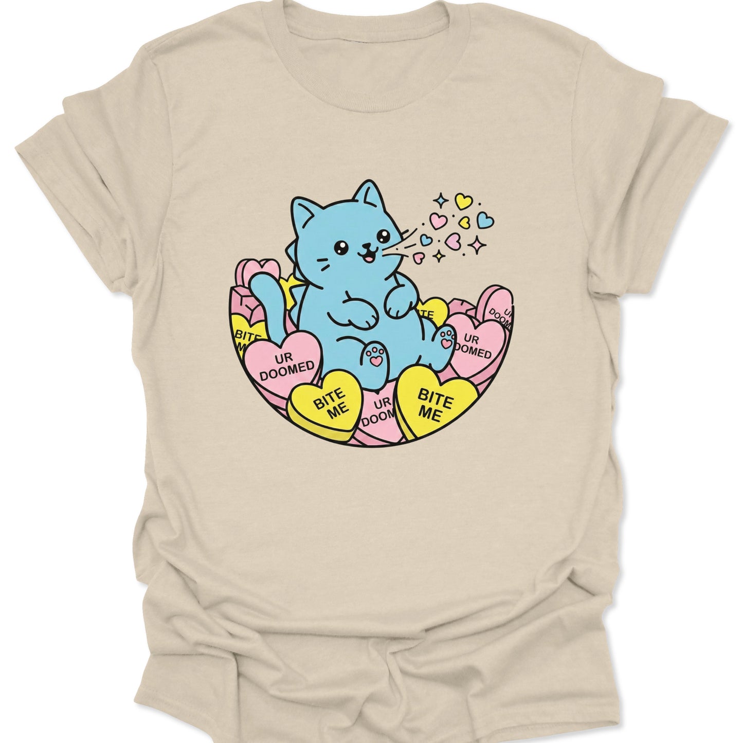 Natural unisex adult t-shirt featuring a soft vintage aesthetic blue cat graphic with sassy candy heart messages.