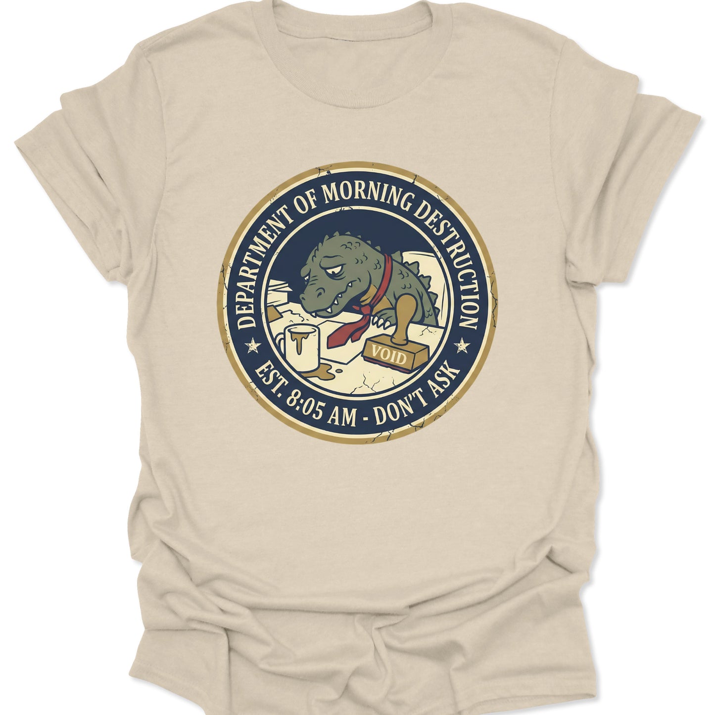 Natural unisex adult t-shirt featuring tired morning mood kaiju with red tie and coffee mug illustration.