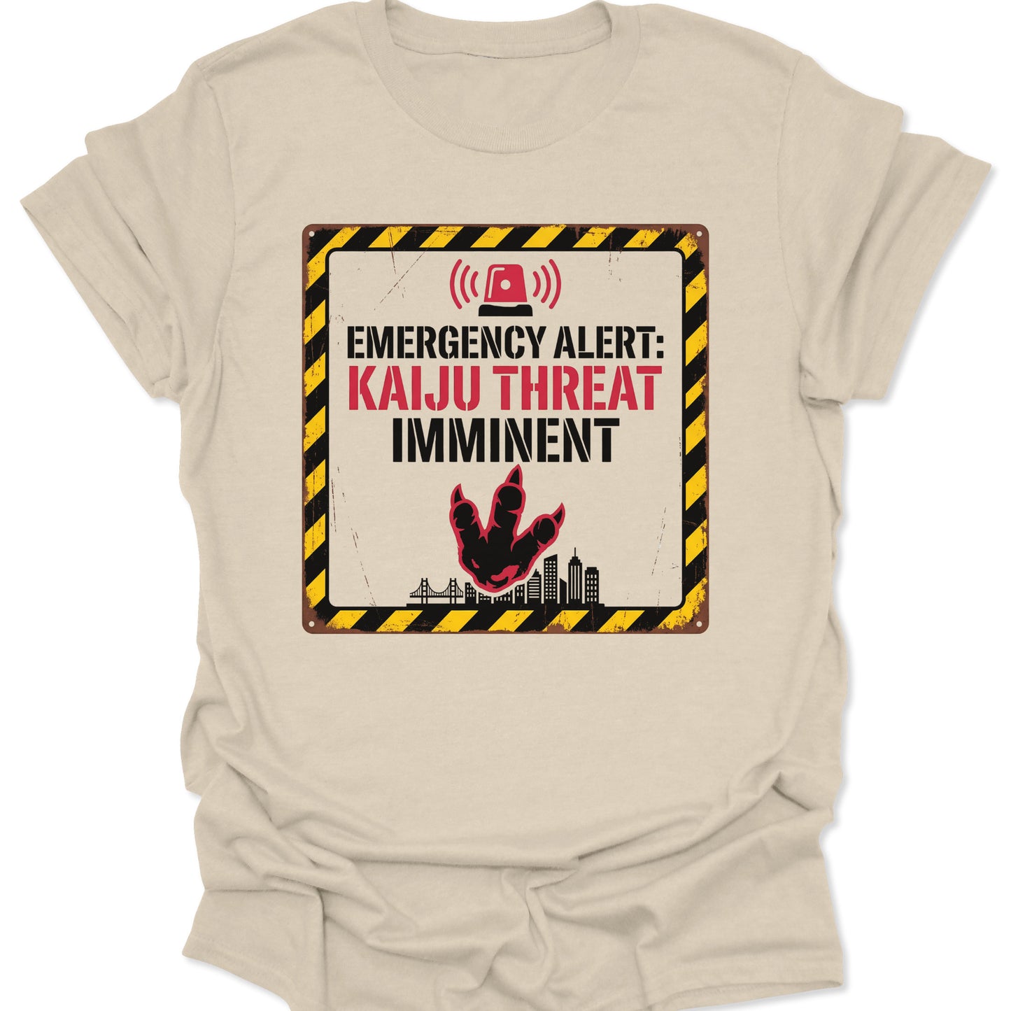 Natural unisex adult t-shirt featuring Retro Monster Movie Streetwear art of a distressed emergency alert sign.
