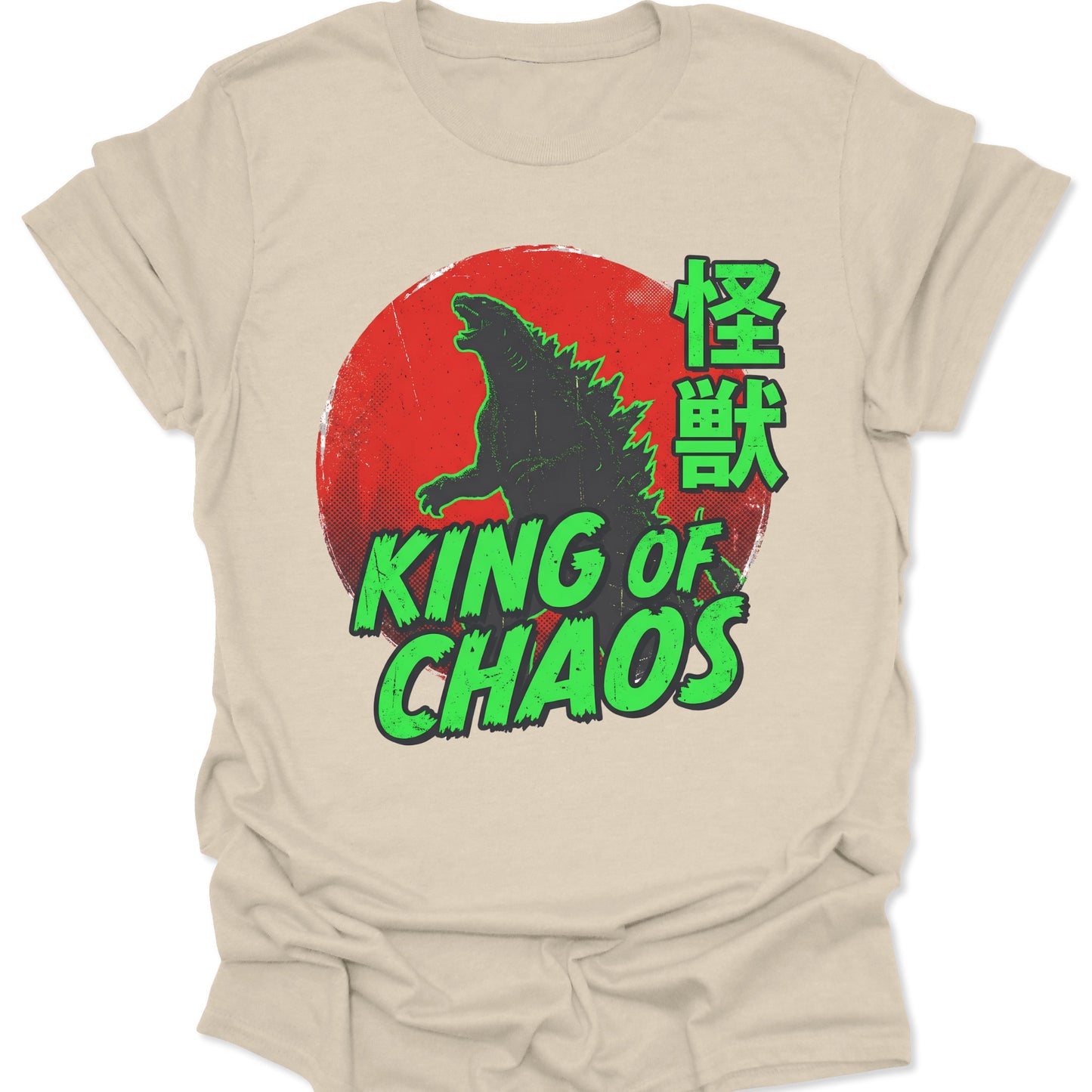 Natural unisex adult t-shirt showing a green Kaiju silhouette and red rising sun, blending kawaii and monster themes.