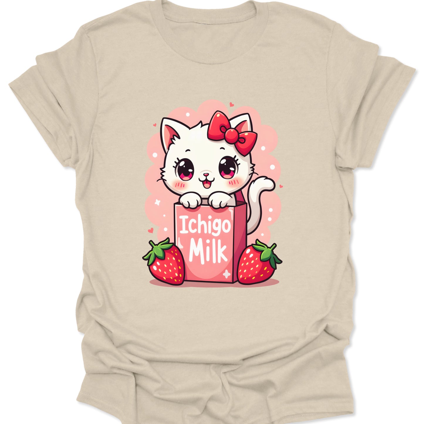 Natural cream-colored cotton shirt featuring a soft pastel strawberry neko milk box illustration in a vintage Japanese snack style, isolated on a white background.