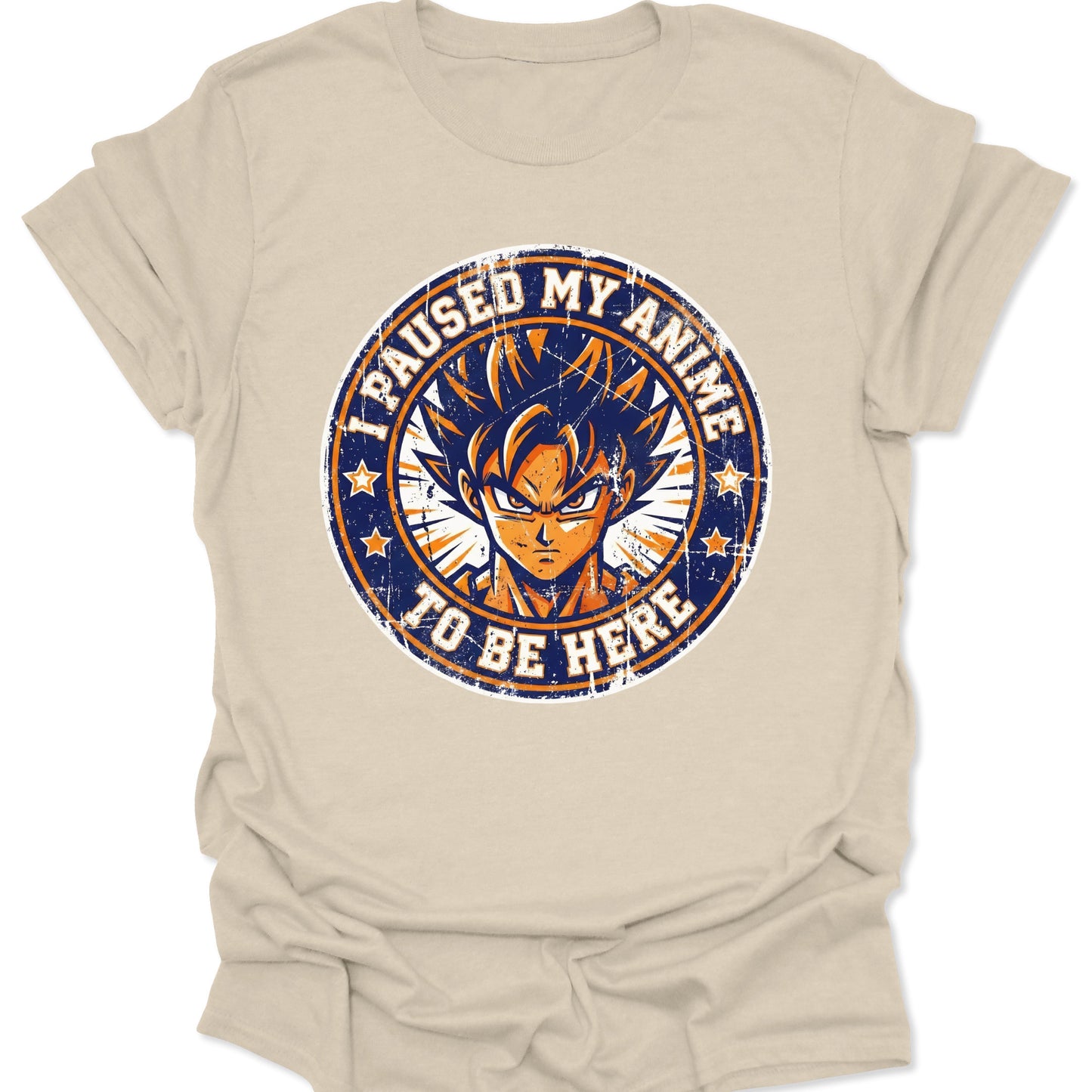 Natural unisex adult t-shirt featuring a 90s aesthetic anime hero in a weathered orange and navy circular badge.
