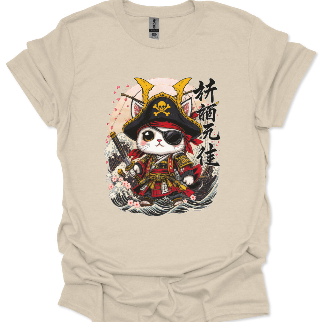Beige t-shirt with a cat in samurai costume graphic on a white background