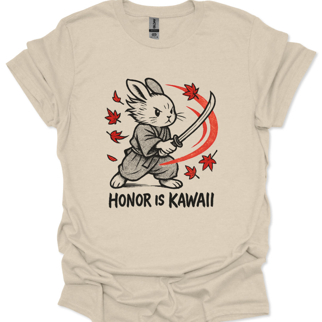 Beige t-shirt with a graphic of a rabbit in a martial arts pose and 'Honor is Kawaii' text.
