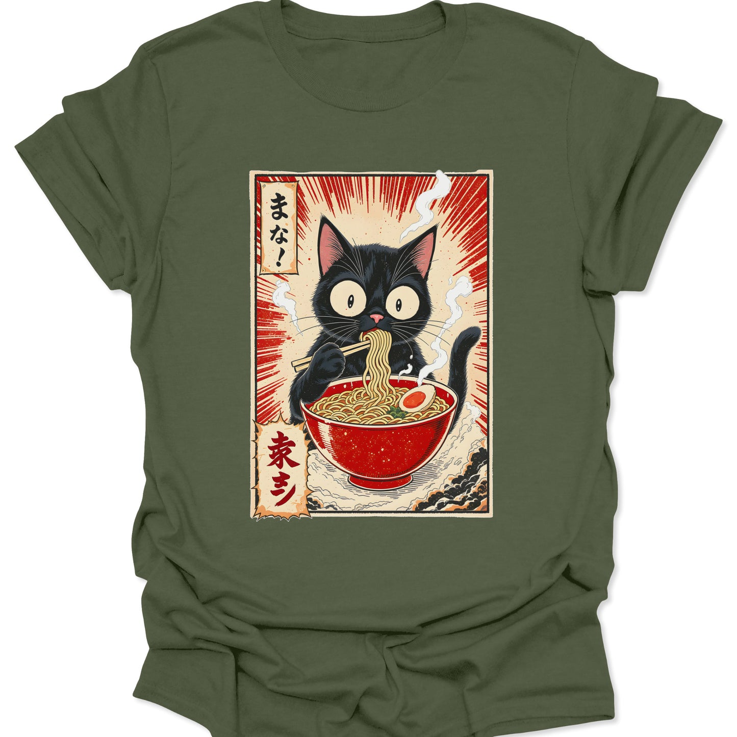 Military Green olive cotton shirt featuring a black cat eating ramen with "Slurp Mode" text in 90s retro anime style, isolated on a white studio background.
