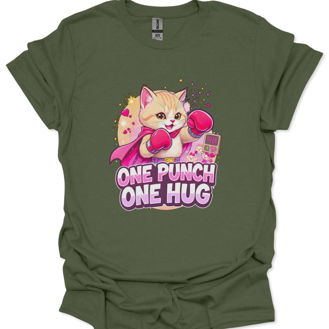 Green t-shirt with a cartoon cat wearing boxing gloves and a cape, and text 'One Punch One Hug' on a white background.