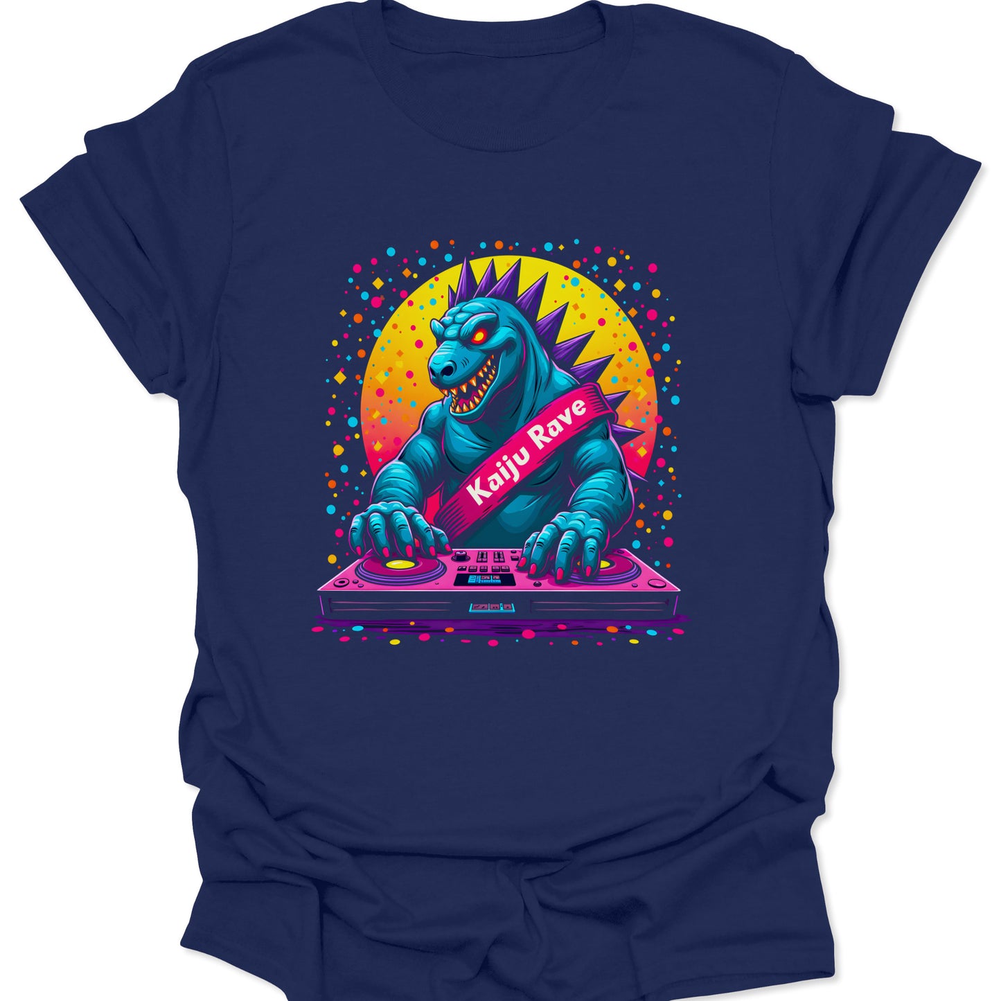 Navy blue lightweight cotton shirt featuring a vibrant synthwave Kaiju monster DJ design in a neon aesthetic, isolated on a clean white background.