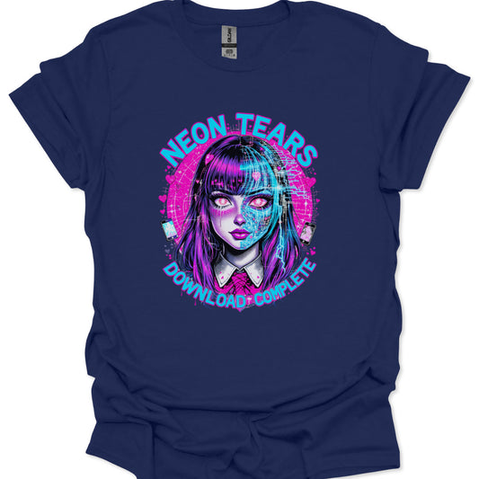 Navy blue t-shirt with a graphic design of a woman's face and 'Neon Tears' text on a white background