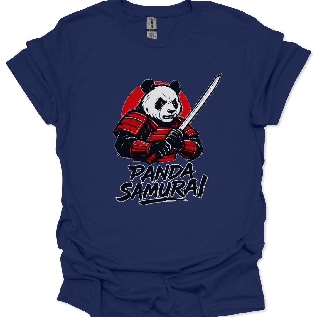 Navy blue t-shirt with a panda holding a sword graphic and 'Panda Samurai' text.