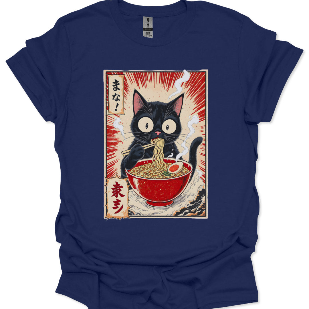 Navy blue t-shirt with a black cat eating ramen graphic on a white background