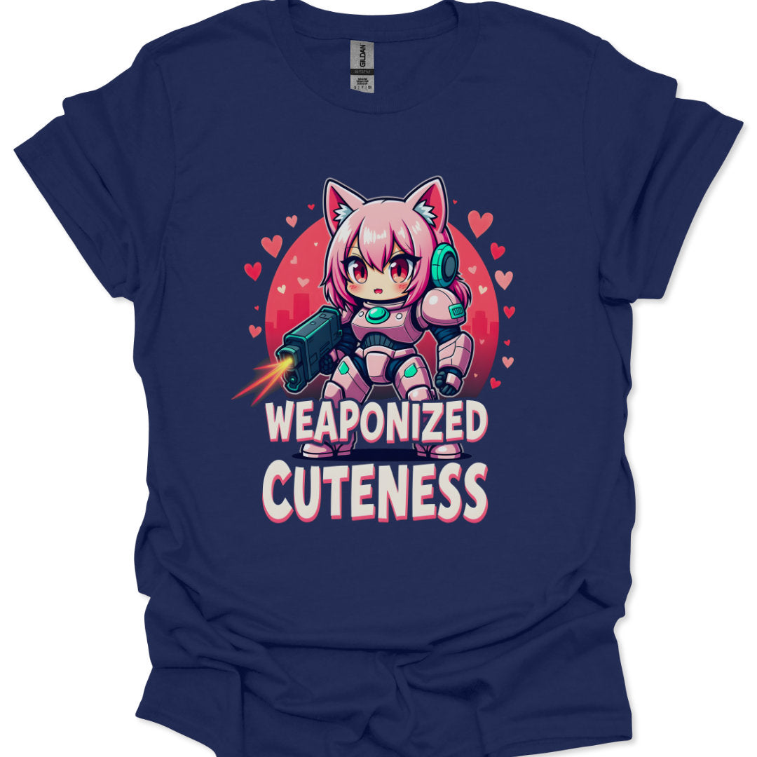 Navy blue t-shirt with a cartoon character and 'Weaponized Cuteness' text on a white background