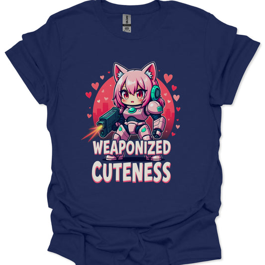 Navy blue t-shirt with a cartoon character and 'Weaponized Cuteness' text on a white background