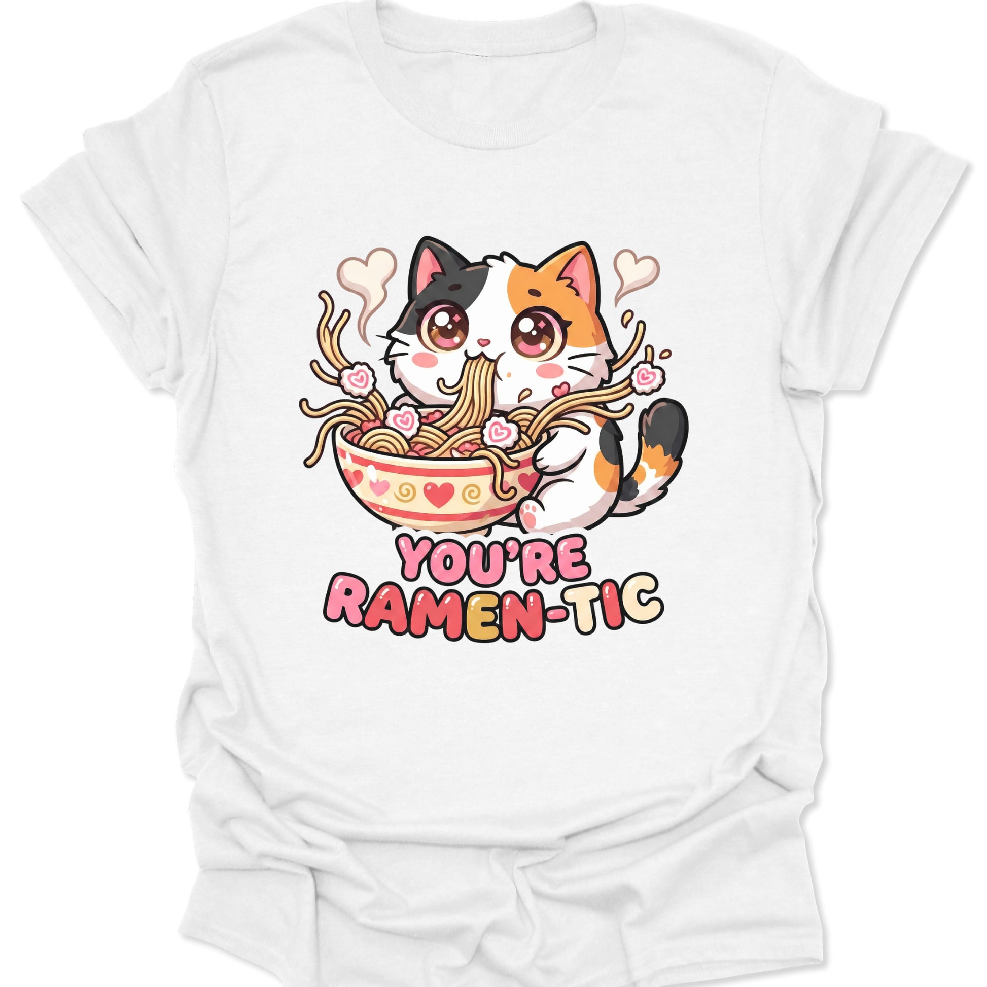 White unisex adult t-shirt showing kawaii anime cat eating heart-shaped ramen for a funny Valentine gift.