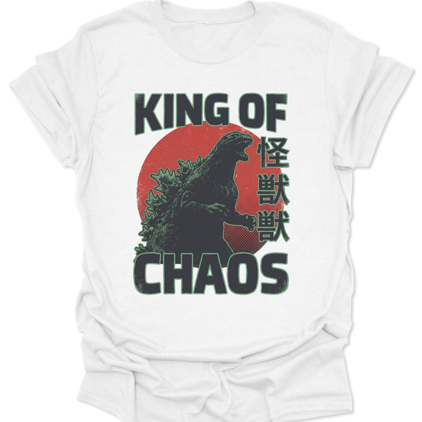 White t-shirt with a green retro Kaiju silhouette, red sun graphic, and King of Chaos text in vintage distressed style.